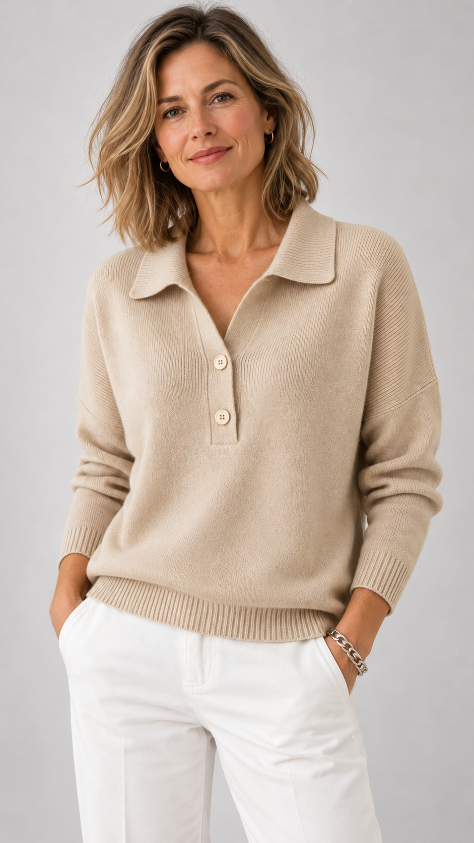 Adaline Polo-Strickpullover in Haferbeige – Weitere Ansicht