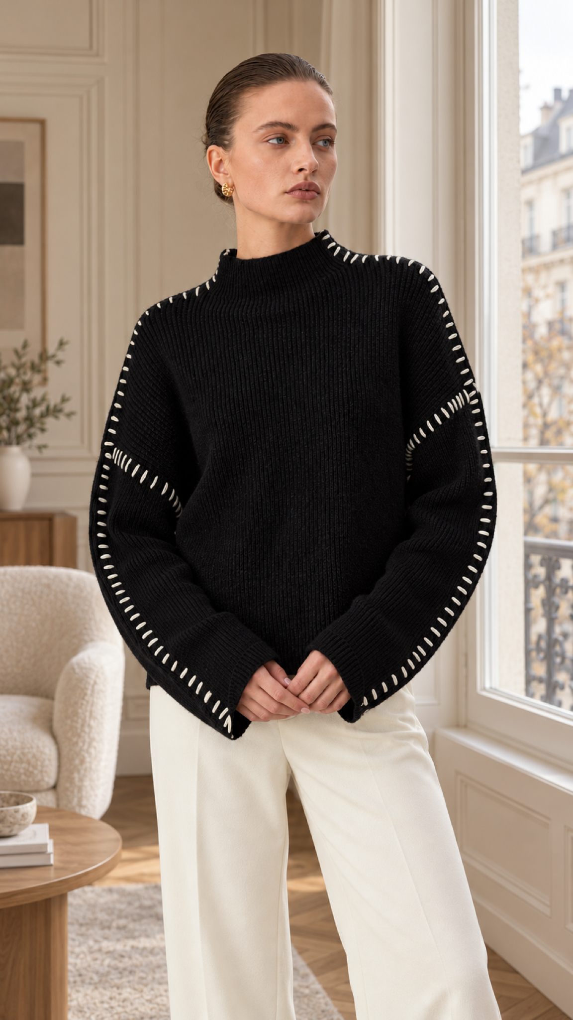 Alma – Schwarzer Oversizepullover, Innenraum Lifestyle