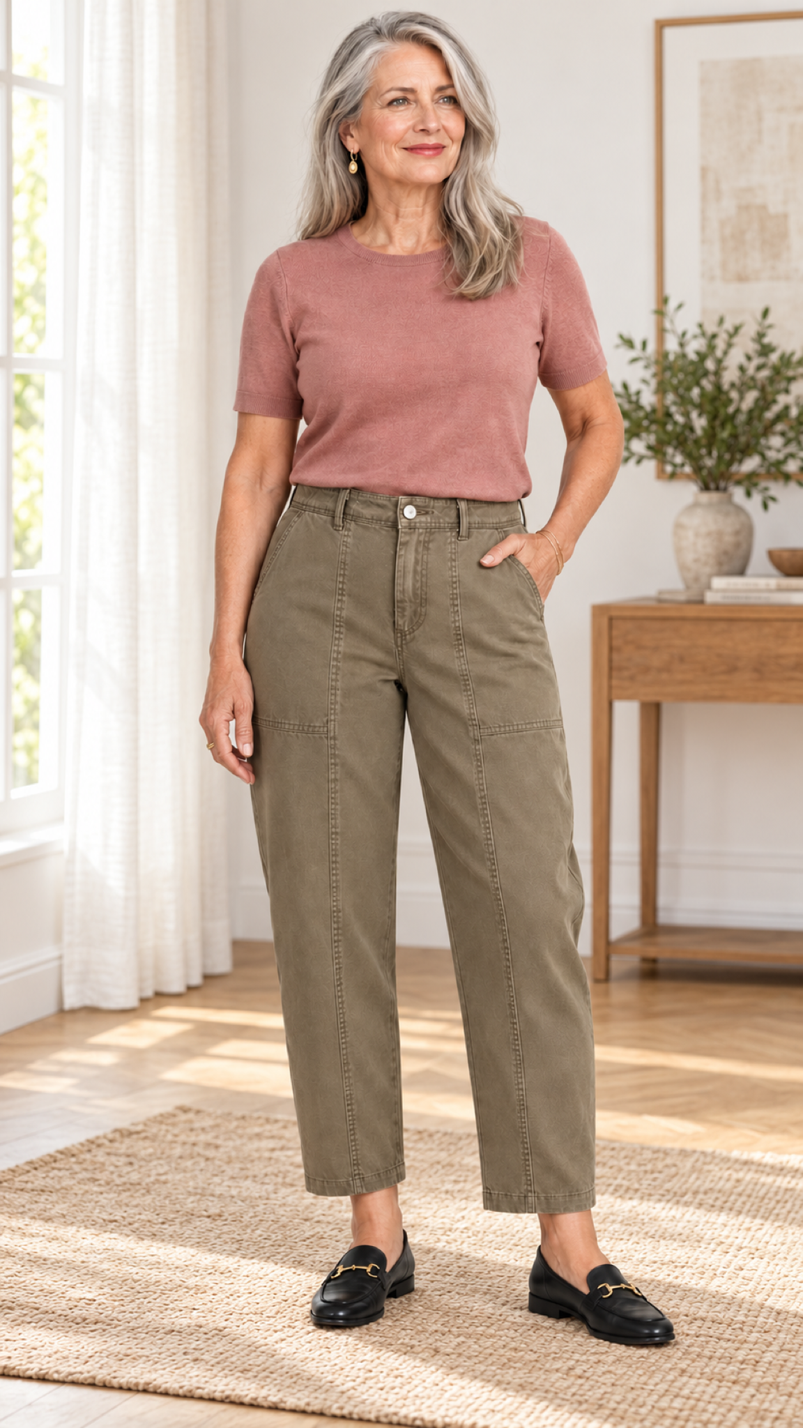 Barrel-Hose mit Ziernähten – Hellkhaki – Outfit im Wohnraum