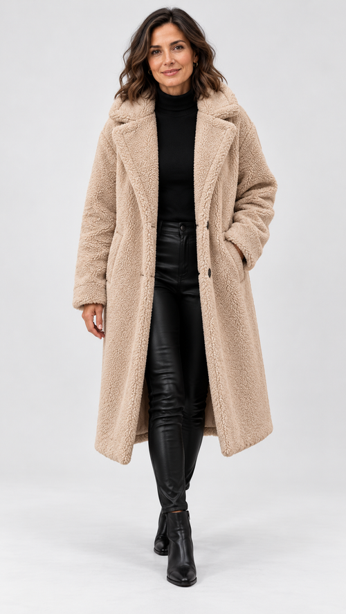 Brionyssa – Beiger Teddymantel, Vorderansicht