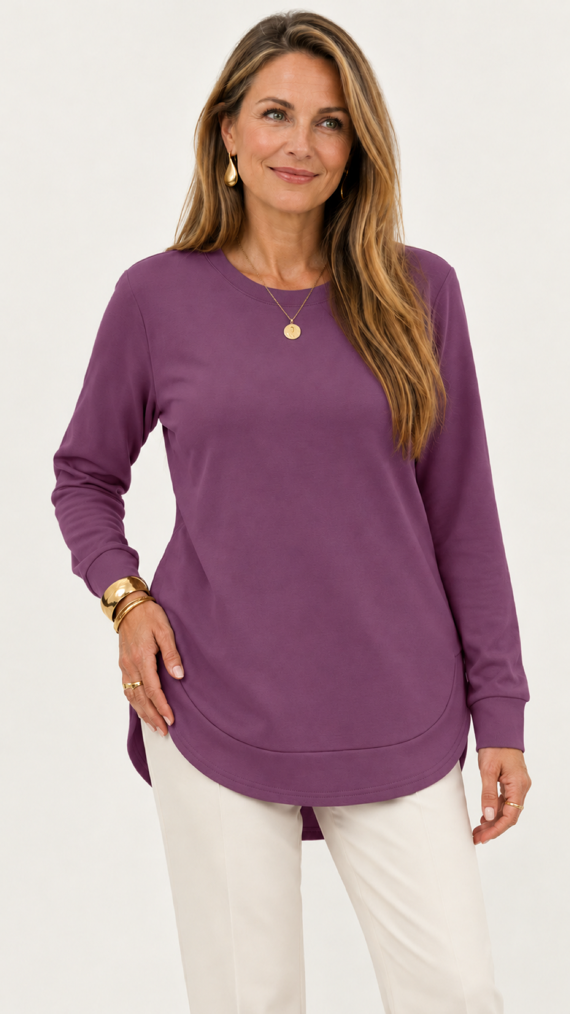 Sweatshirt mit geschwungenem Saum – Dunkellila – Vorderansicht