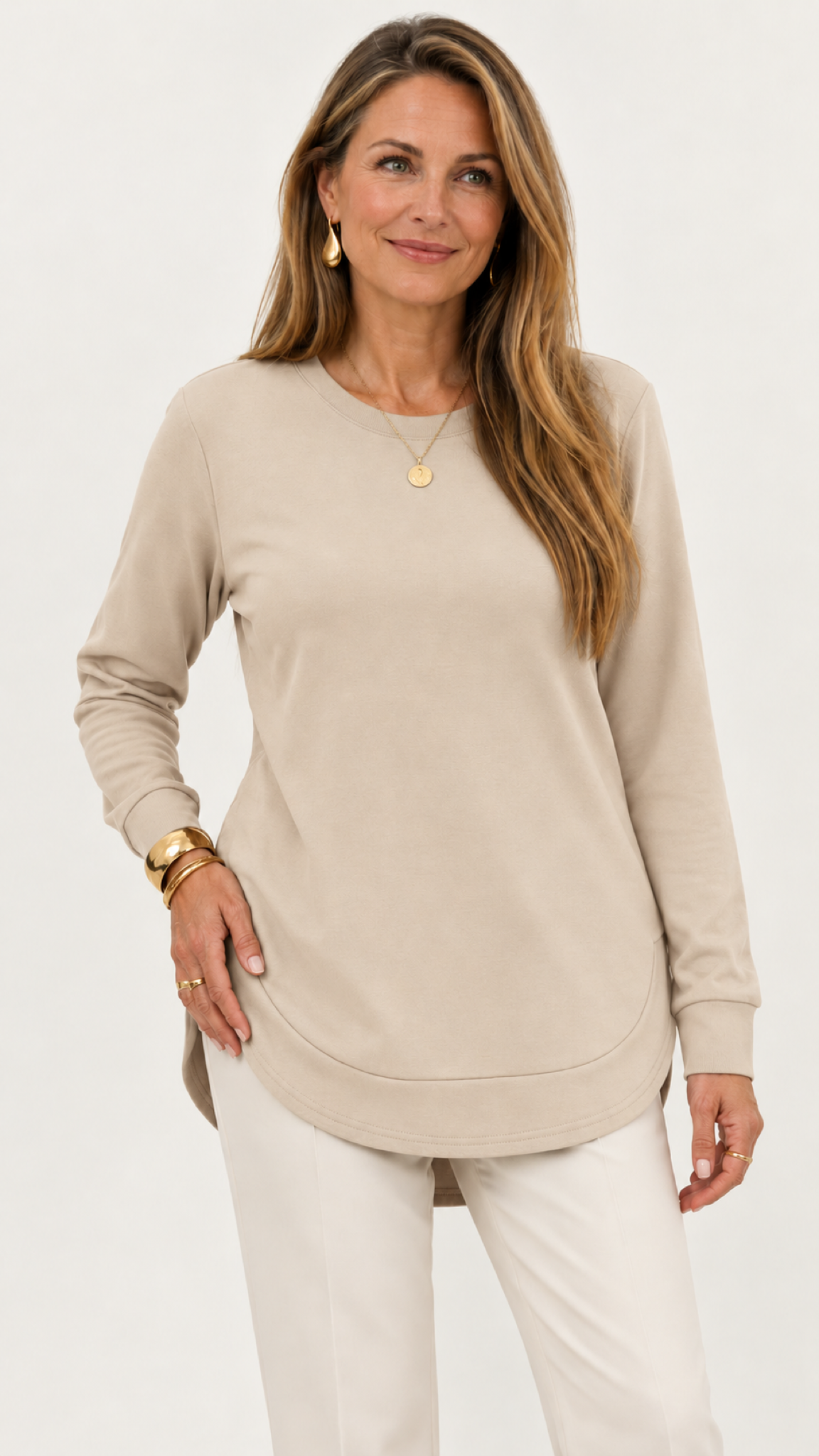 Sweatshirt mit geschwungenem Saum – Khaki – Vorderansicht