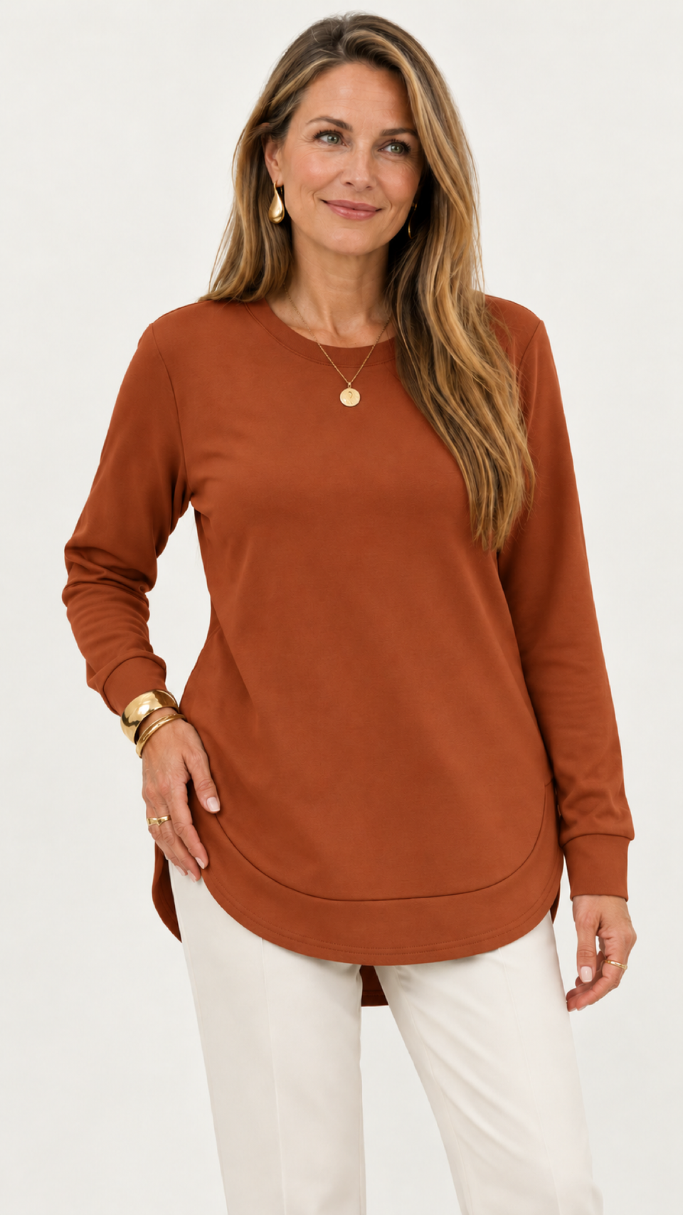 Sweatshirt mit geschwungenem Saum – Orange – Vorderansicht