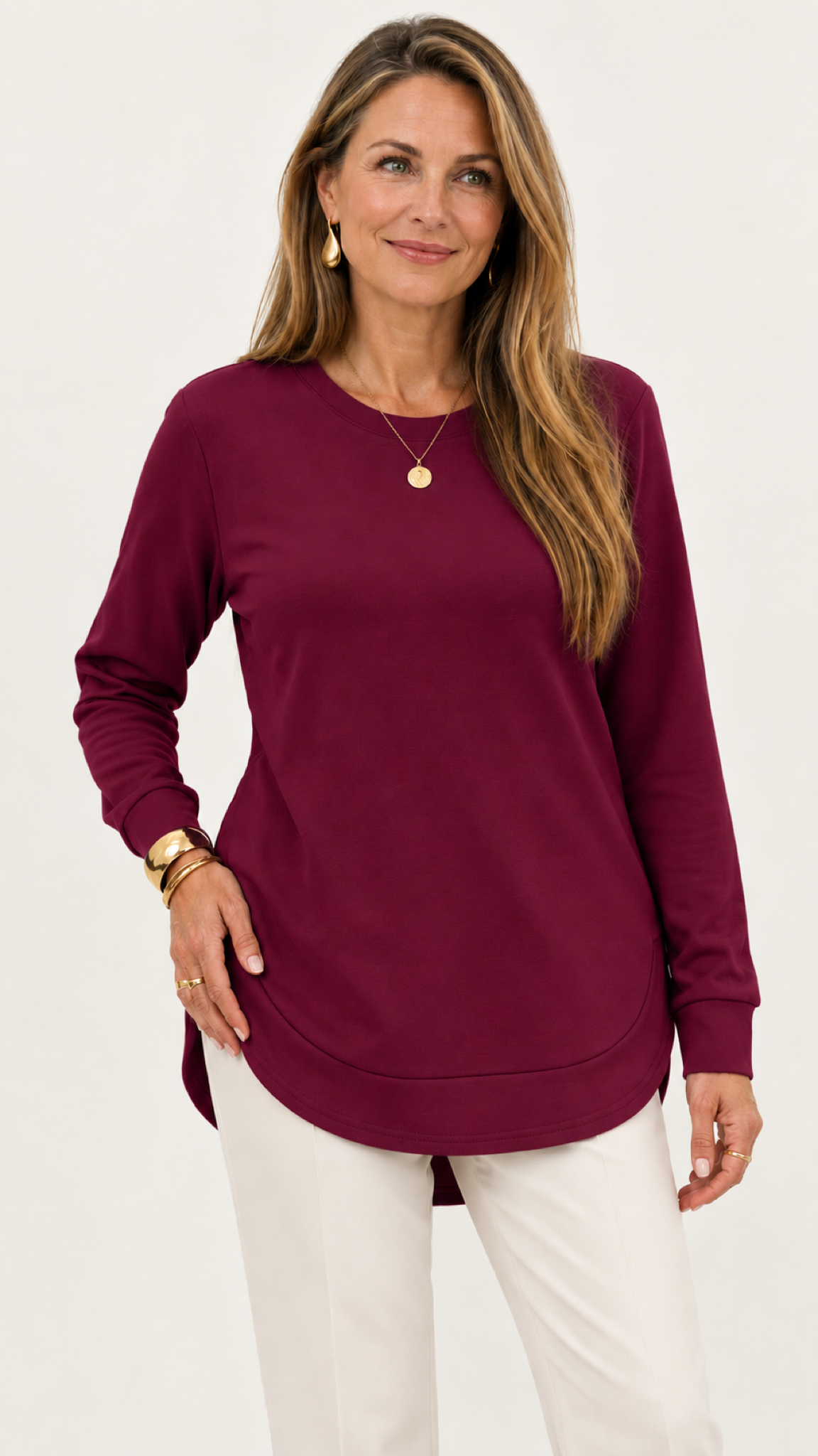 Sweatshirt mit geschwungenem Saum – Weinrot – Vorderansicht