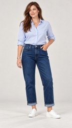 Emilia Straight-Leg-Jeans mit Umschlag – Dunkelblau – Ganzkörperansicht vorne