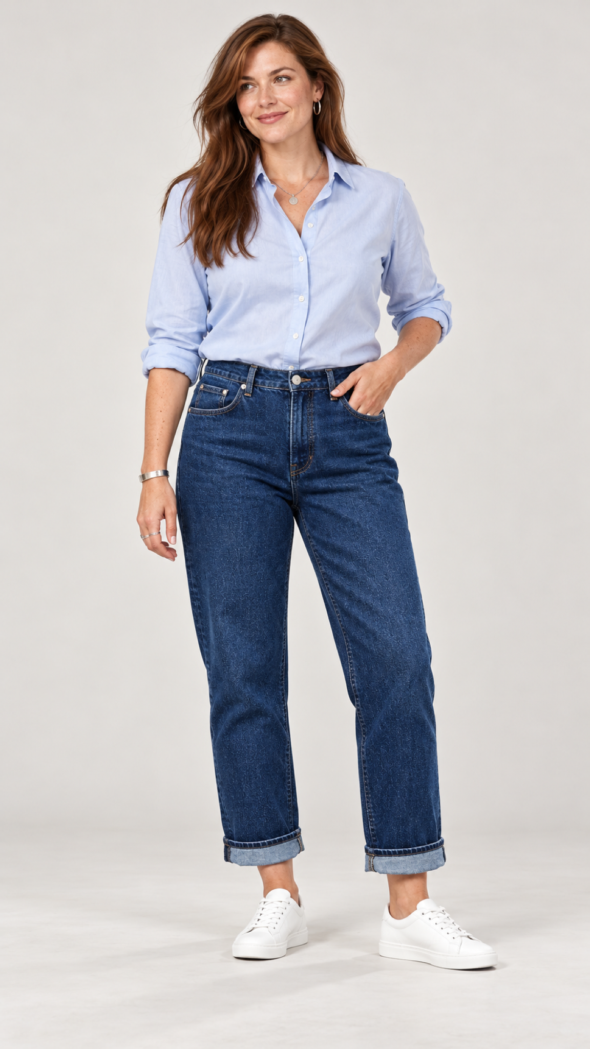 Emilia Straight-Leg-Jeans mit Umschlag – Dunkelblau – Ganzkörperansicht vorne