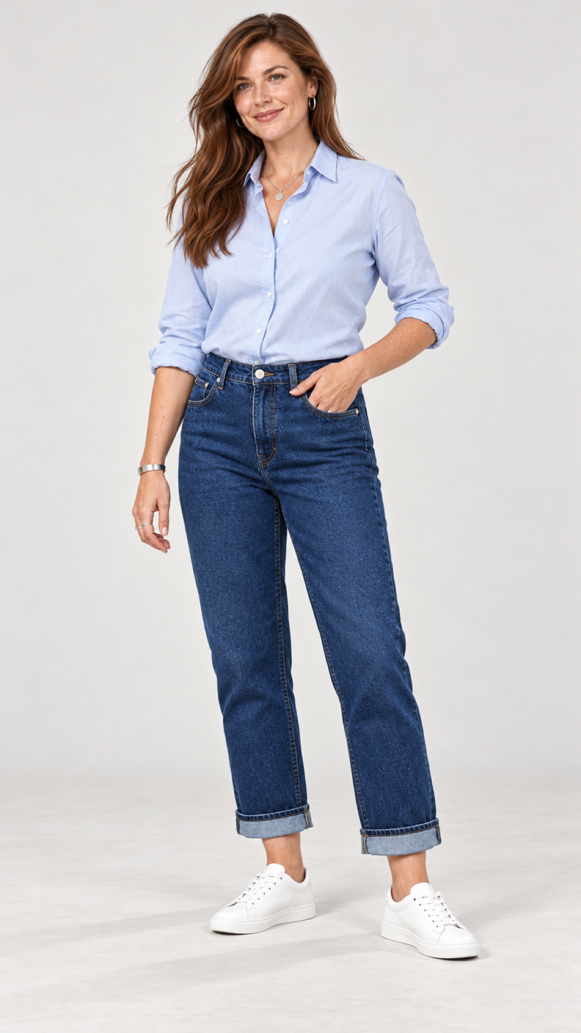 Emilia Straight-Leg-Jeans mit Umschlag – Dunkelblau – Dreiviertelansicht am Model