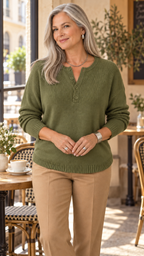 Faylinn Henley-Strickpullover in Olivgrün – Café Lifestyle