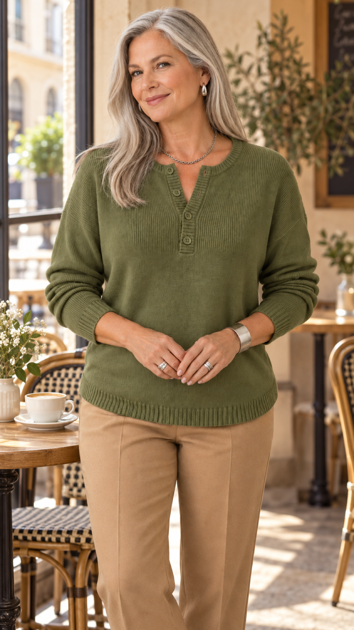 Faylinn Henley-Strickpullover in Olivgrün – Café Lifestyle