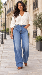 Blaue Retro-Weitbein-Jeans ohne Gürtel – Outfit in europäischer Straße