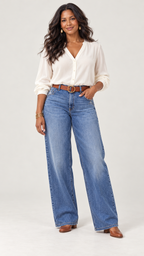 Blaue Retro-Weitbein-Jeans mit braunem Gürtel – Ganzkörperansicht