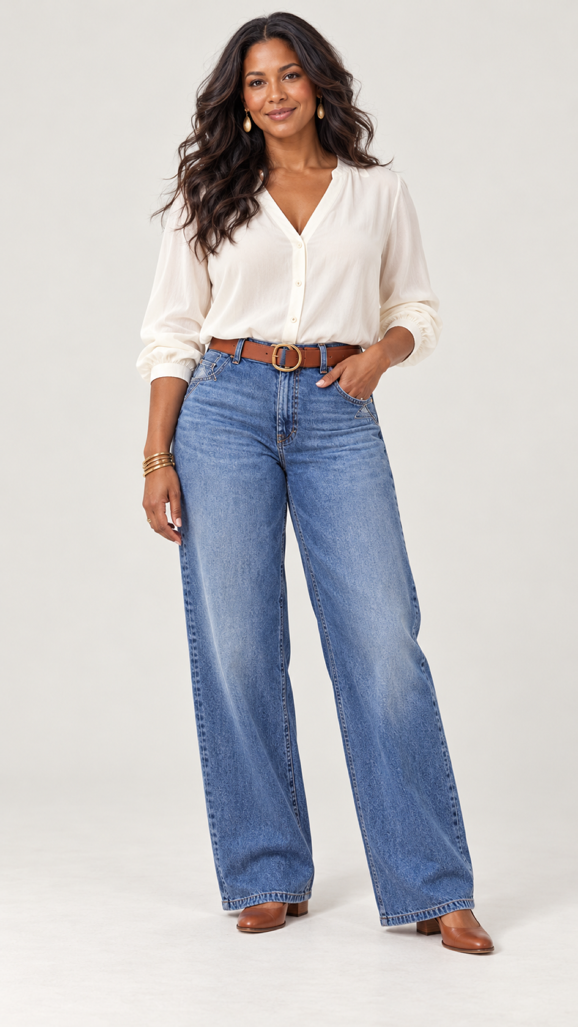 Blaue Retro-Weitbein-Jeans mit braunem Gürtel – Ganzkörperansicht