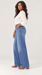 Blaue Retro-Weitbein-Jeans ohne Gürtel – Seitenansicht