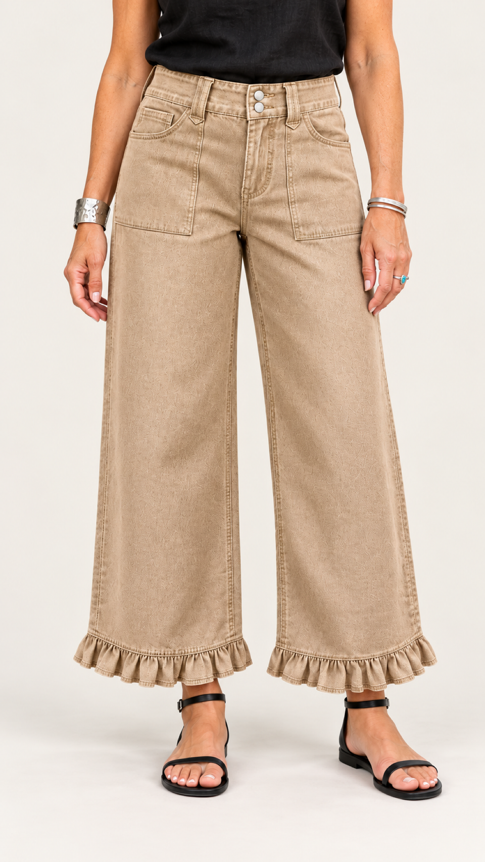 Khaki-Hose mit Rüschensaum – Ansicht 1