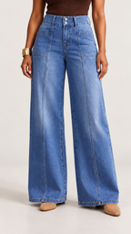 Blaue Weitbein-Jeans mit hohem Bund und zwei Knöpfen – Detailansicht
