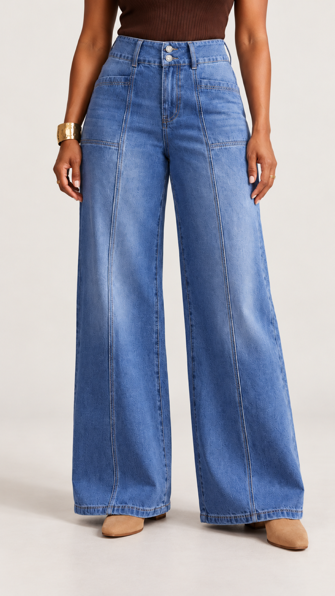 Blaue Weitbein-Jeans mit hohem Bund und zwei Knöpfen – Detailansicht