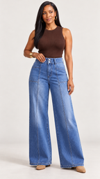 Blaue Weitbein-Jeans – Pose mit Hand am Bund