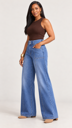 Blaue Weitbein-Jeans – Seitenansicht am Model