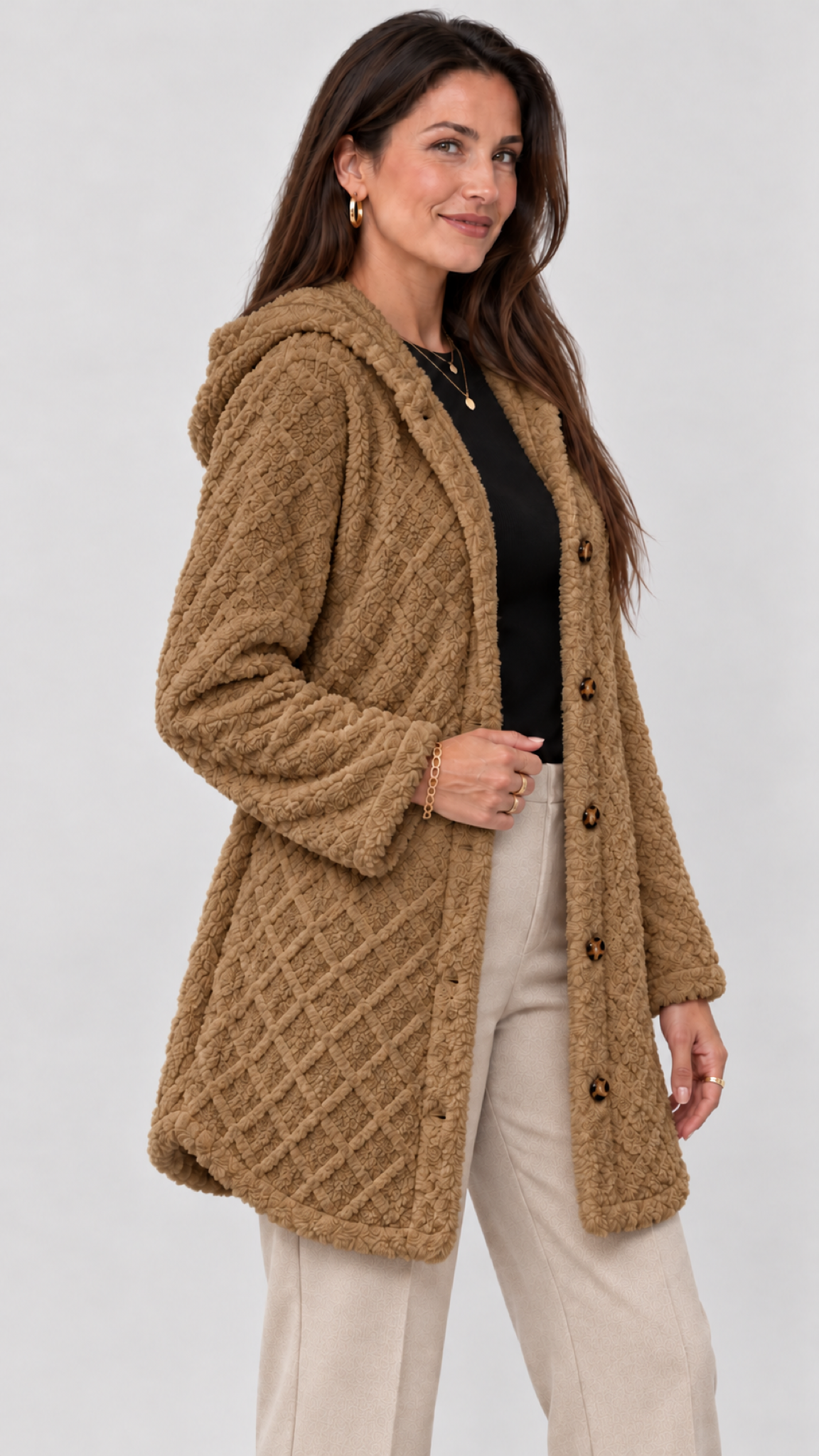 Damen Steppjacke mit Kapuze in Khaki – Seitenansicht