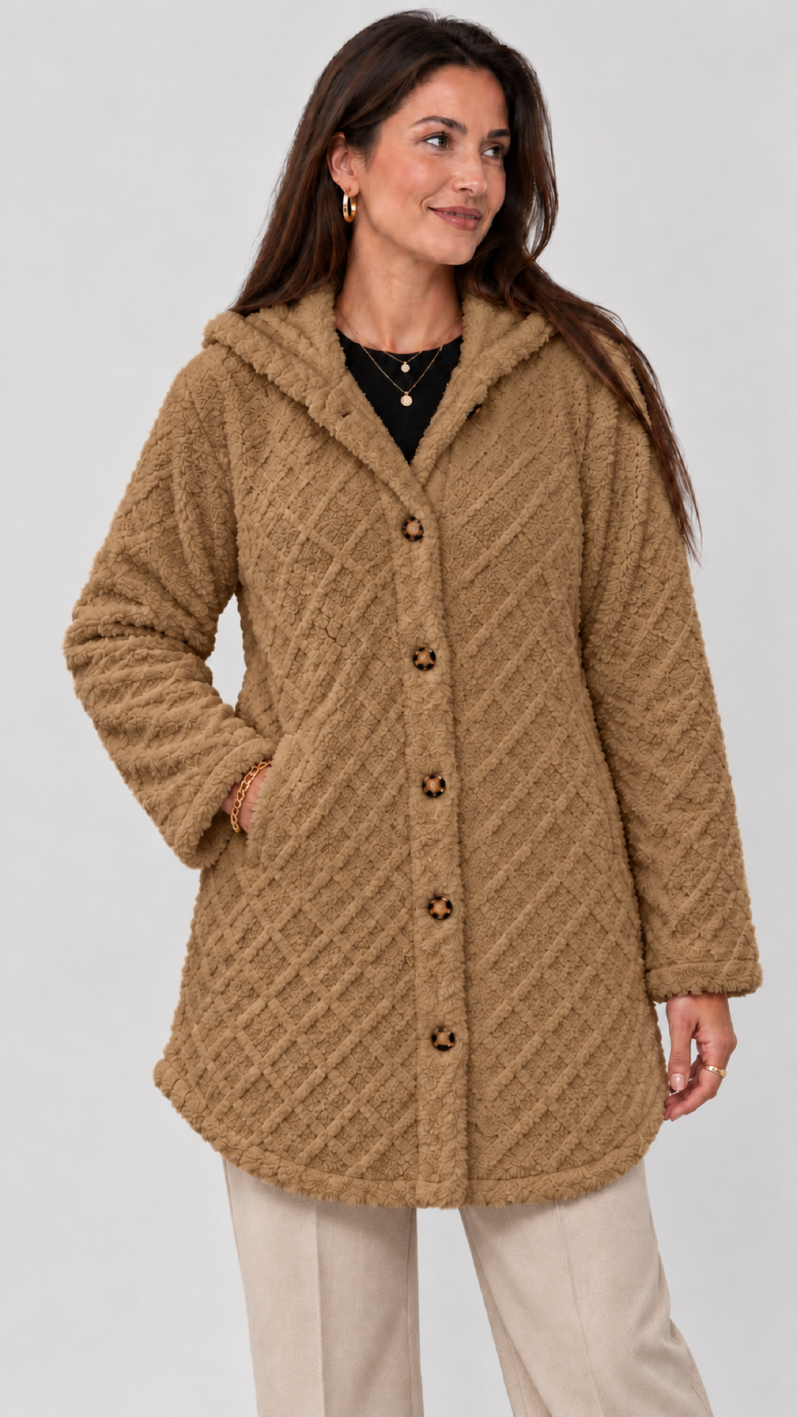 Damen Steppjacke mit Kapuze in Khaki – Geschlossene Ansicht
