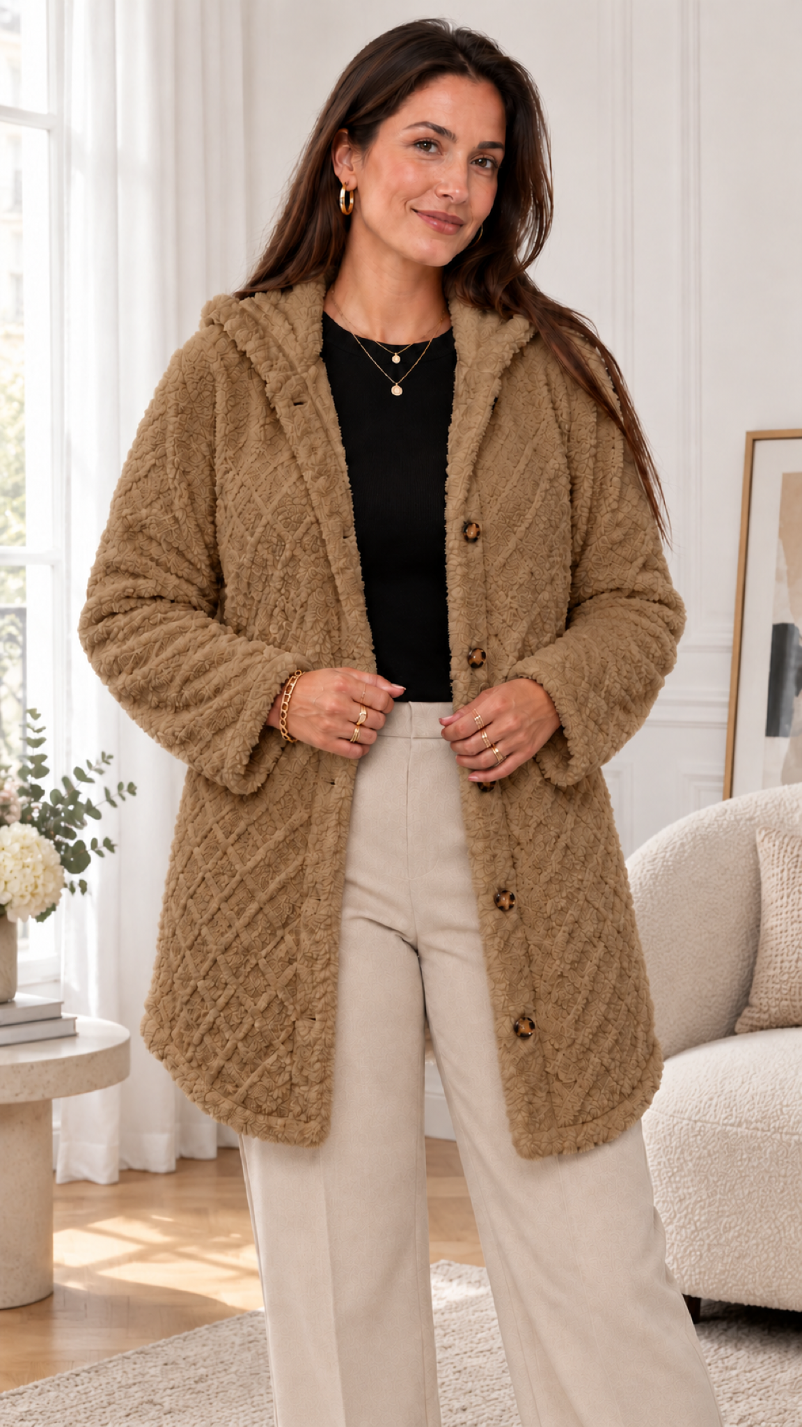 Damen Steppjacke mit Kapuze in Khaki – Innenraum Lifestyle