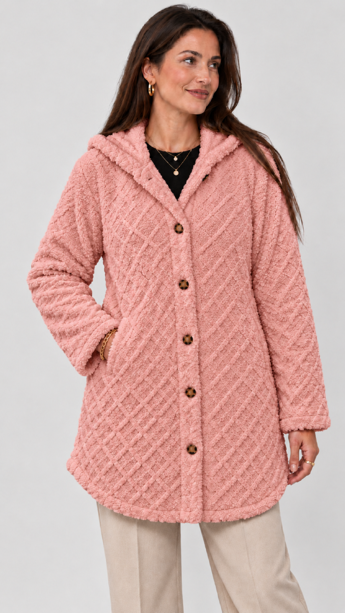 Damen Steppjacke mit Kapuze in Rosa – Geschlossene Ansicht