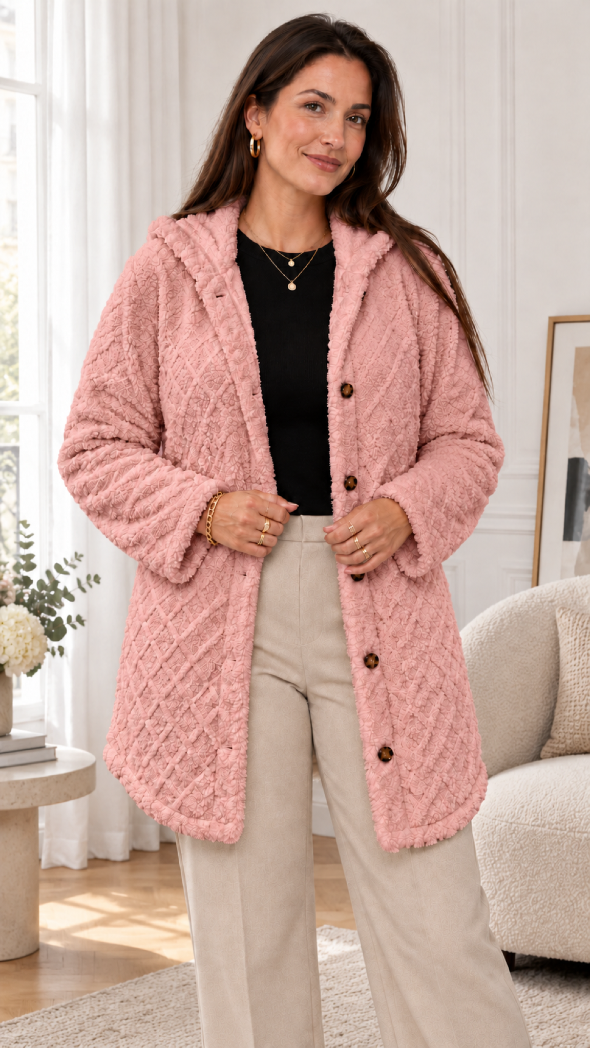 Damen Steppjacke mit Kapuze in Rosa – Innenraum Lifestyle