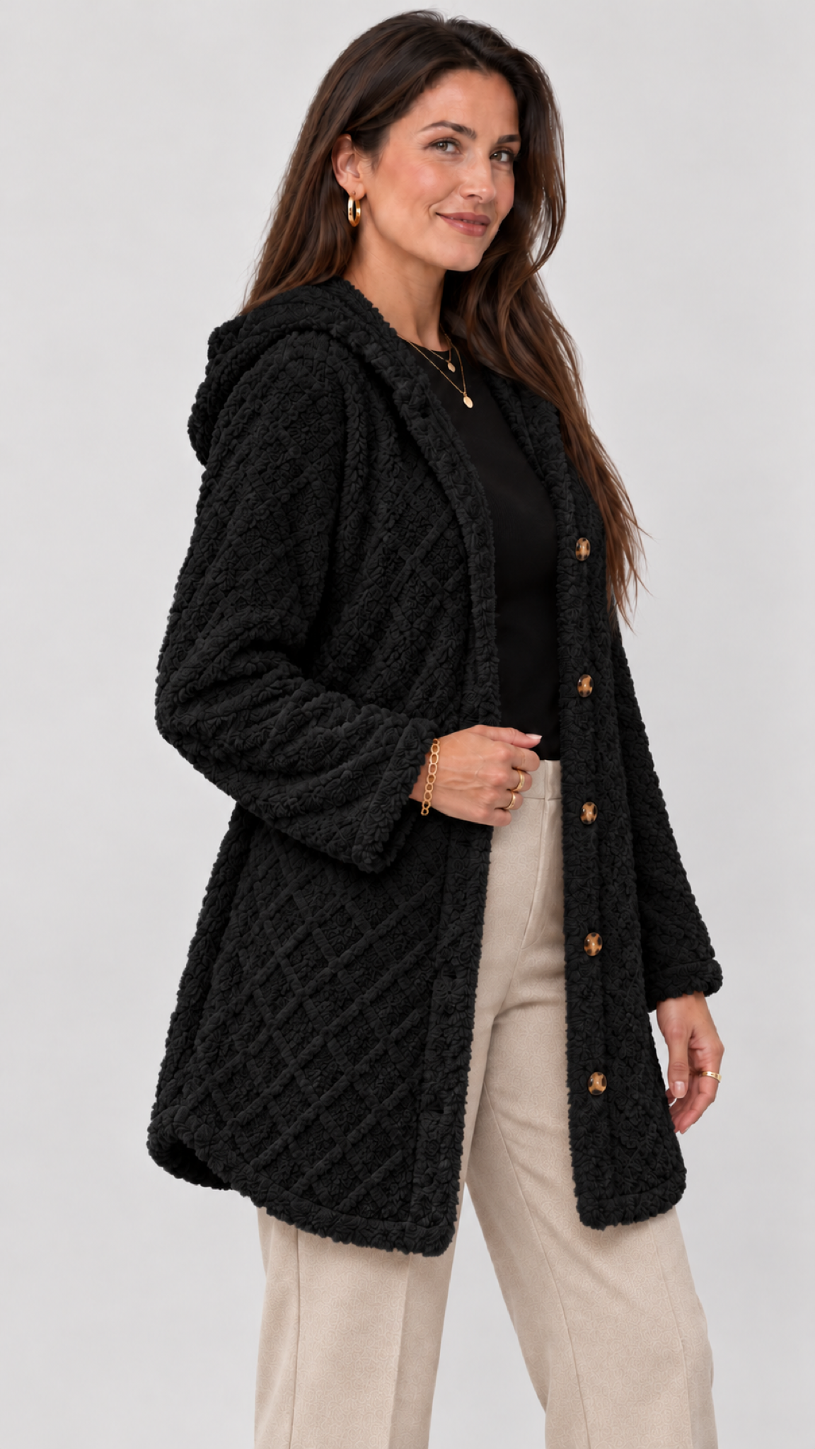 Damen Steppjacke mit Kapuze in Schwarz – Seitenansicht