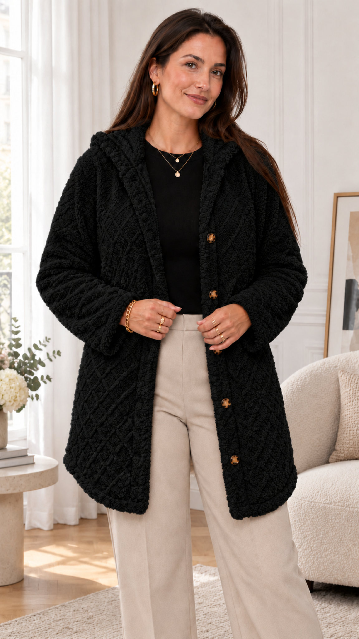 Damen Steppjacke mit Kapuze in Schwarz – Innenraum Lifestyle