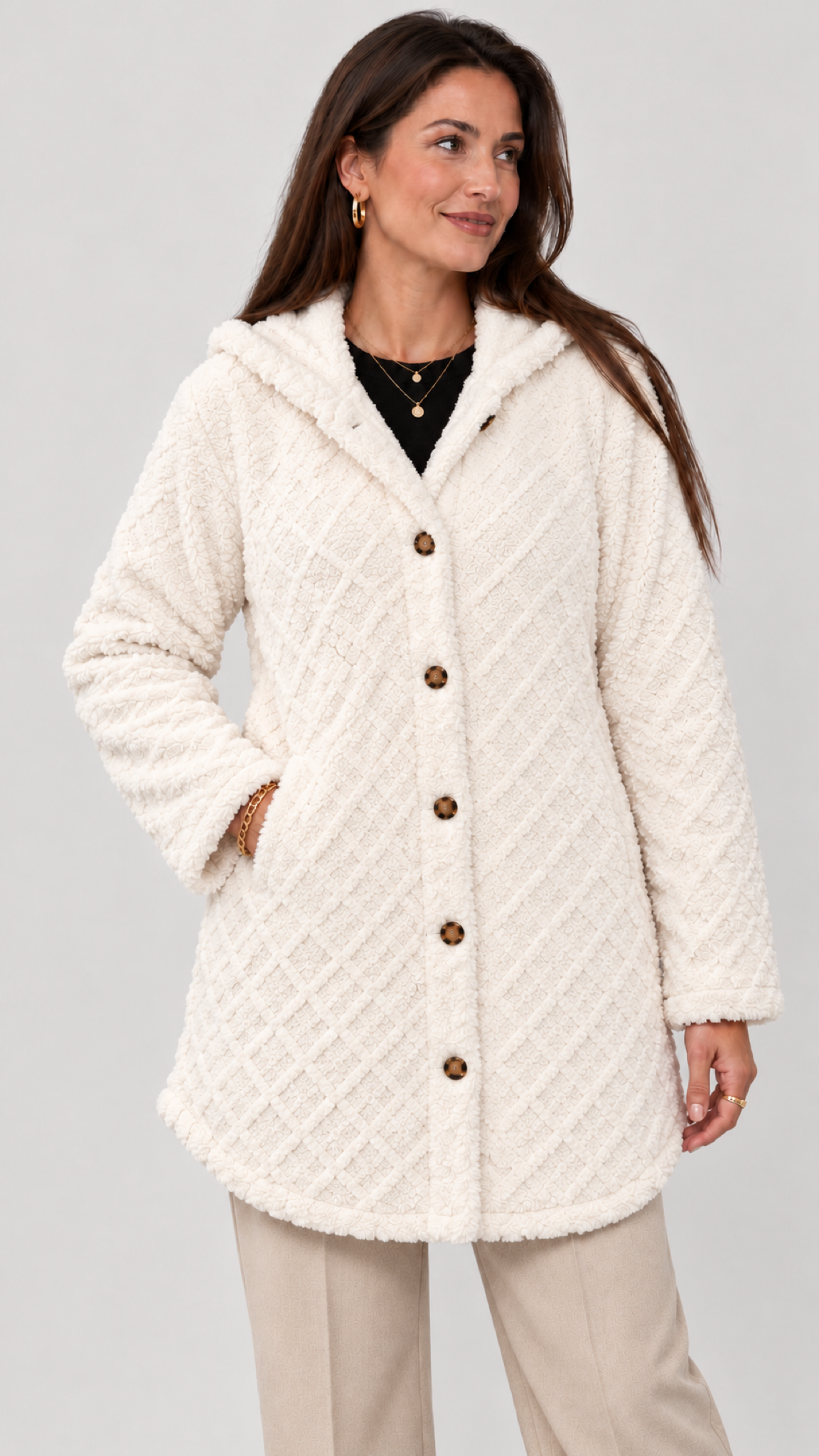 Damen Steppjacke mit Kapuze in Weiß – Geschlossene Ansicht