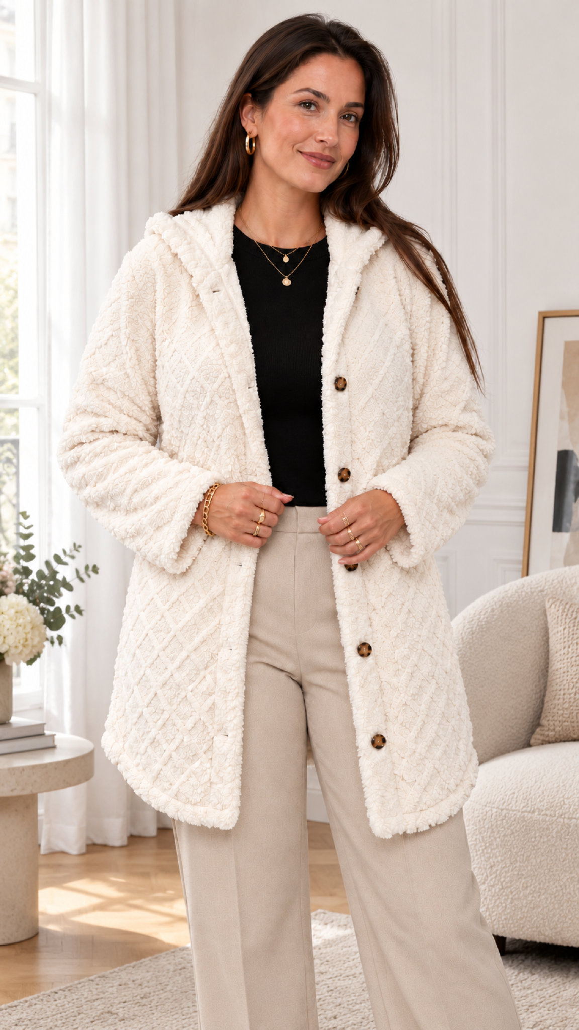 Damen Steppjacke mit Kapuze in Weiß – Innenraum Lifestyle