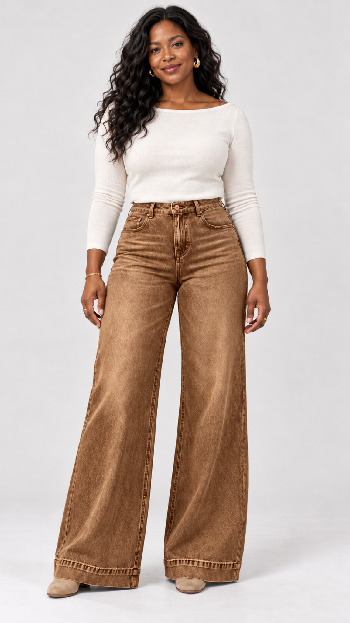 Wide-Leg Jeans in Dunkelbraun – frente